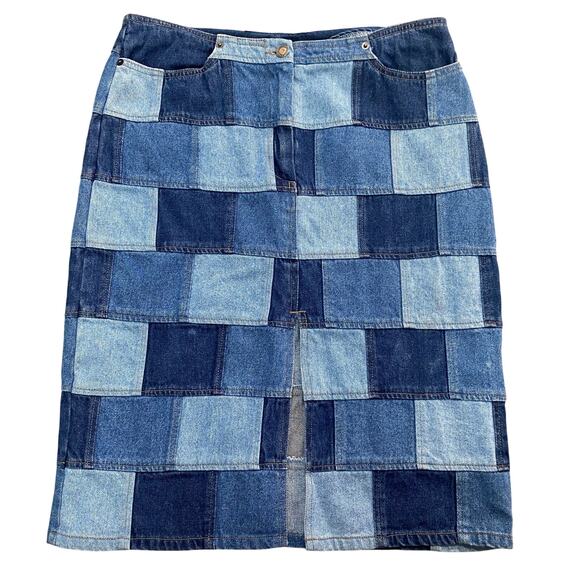 Y2K Denim Jean Skirt Knee Length D’Mode Classix Size 11 Patchwork Front Slit - Picture 1 of 7